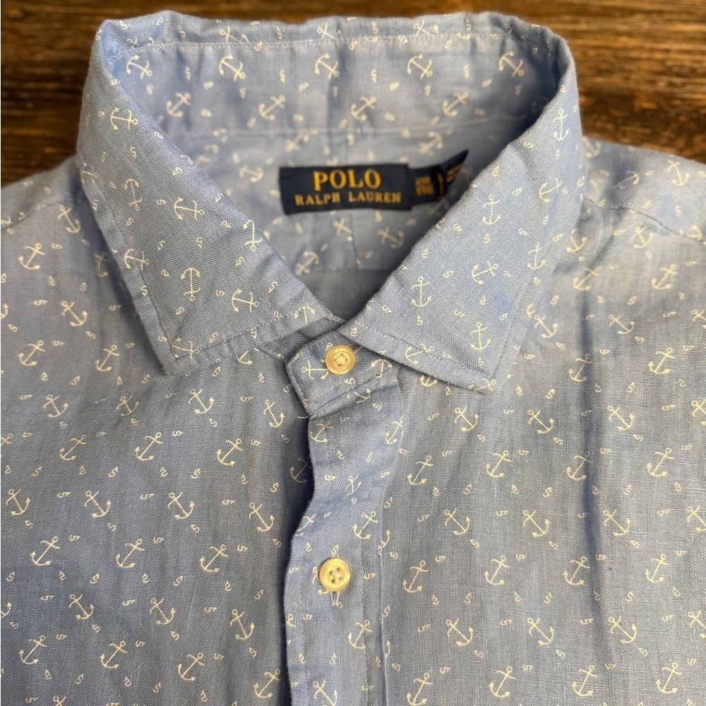 Polo Ralph Lauren Men's XXL Blue White Anchor Print Linen Shirt